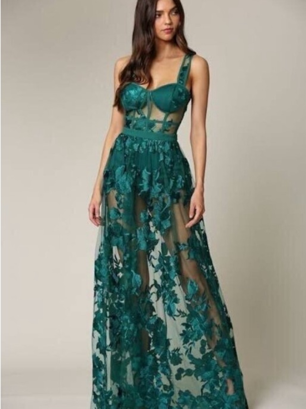 NWT Blithe Emerald Mesh Floral Evening Dress - Picture 2 of 9